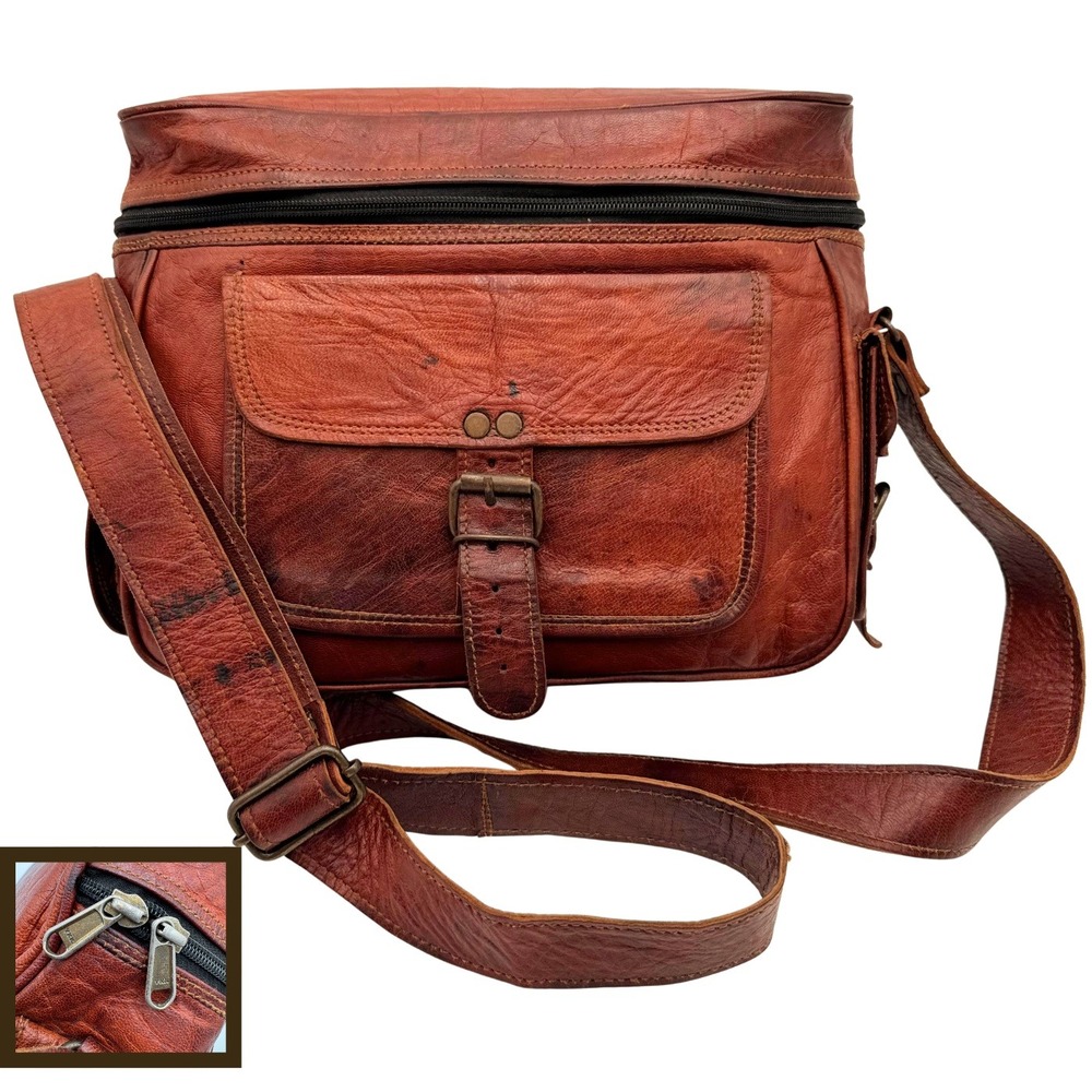 Brown Leather Camera Bag Messenger Crossbody Shoulder Bag Satchel Unisex Brown
